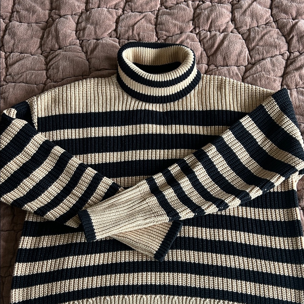 CAbi Black and Beige Striped Turtleneck Sweater Polo Medium